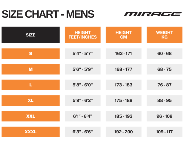 Mirage Mens Wetsuit Size Chart