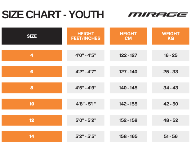 Mirage Youth Wetsuit Size Chart